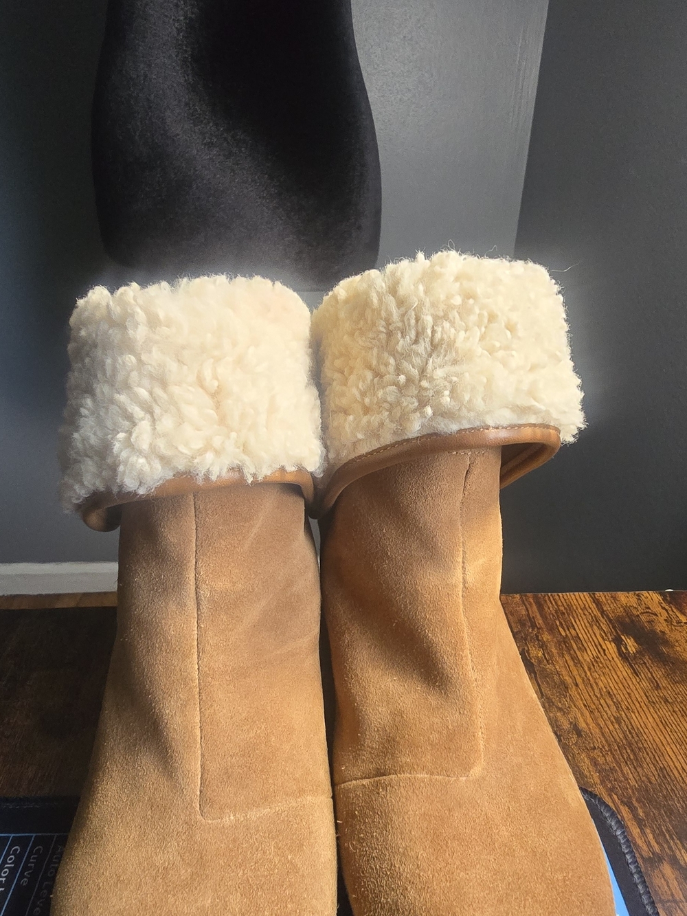 Women's Tan Suede Winter Boots with Cream Shearling Cuff- Leather